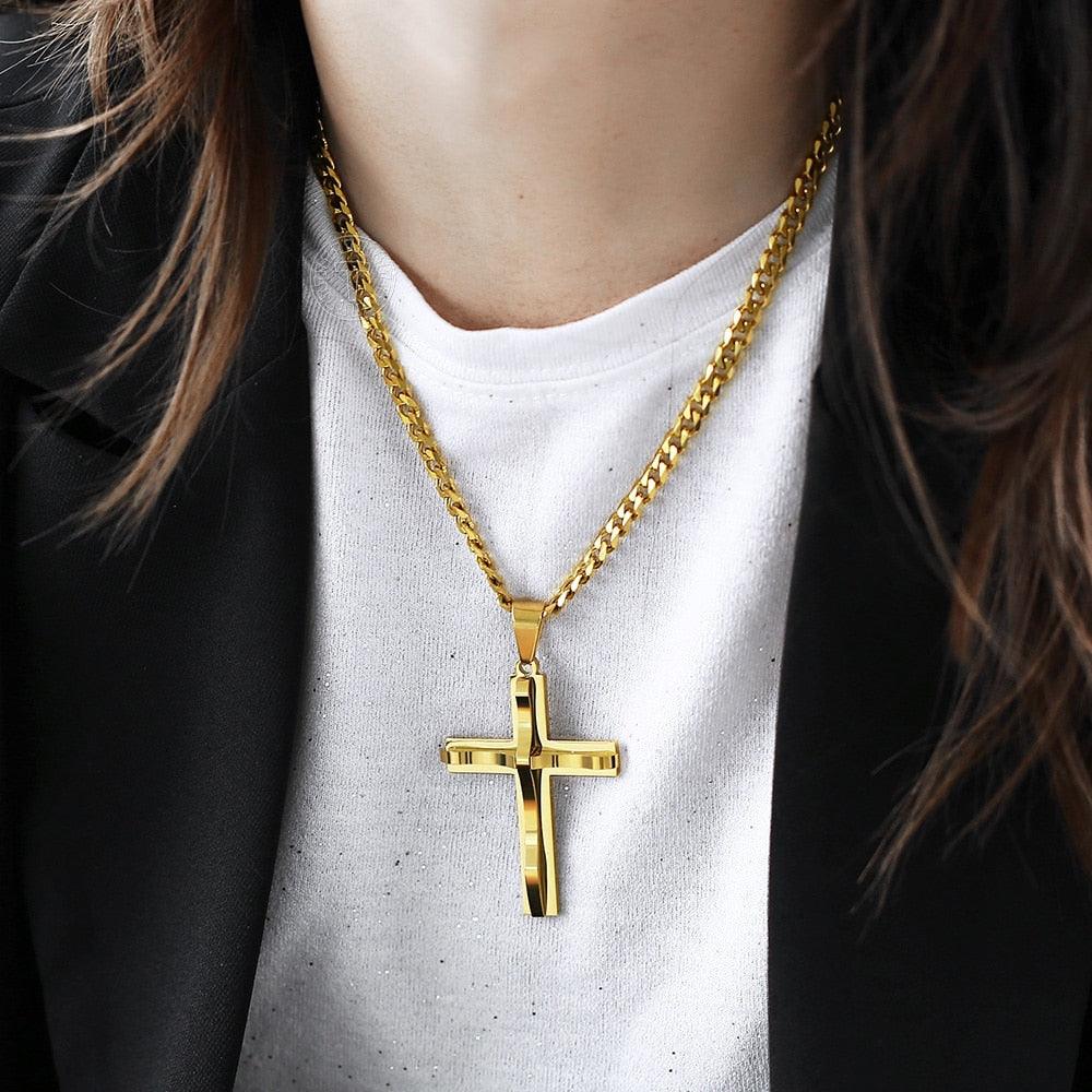 Punk Miami 2Pcs/Set - Gold Color Big Cross Pendant Necklace - Stainless Steel Curb Cuban Link Chain (2U83)