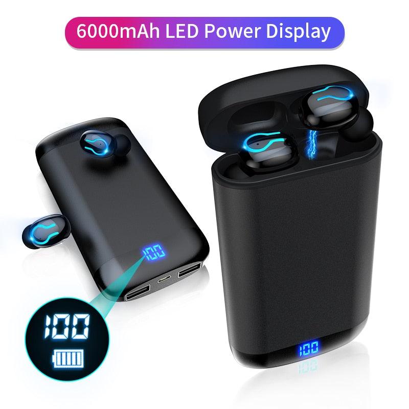 Q66 Wireless V5.0 Bluetooth Earphone HD Stereo Headphone Sports Waterproof Headset With Dual Mic and 6000mAh Battery Charge Case (AH1)((RS8)