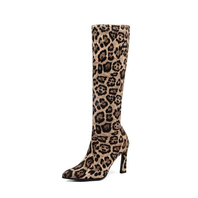 Hoof Heel Over The Knee Boots - Pointed Toe Women Ankle Boots - Leopard Stretch Mid Calf Boots (BB3)(BB1)(BB2)(CD)(WO4)