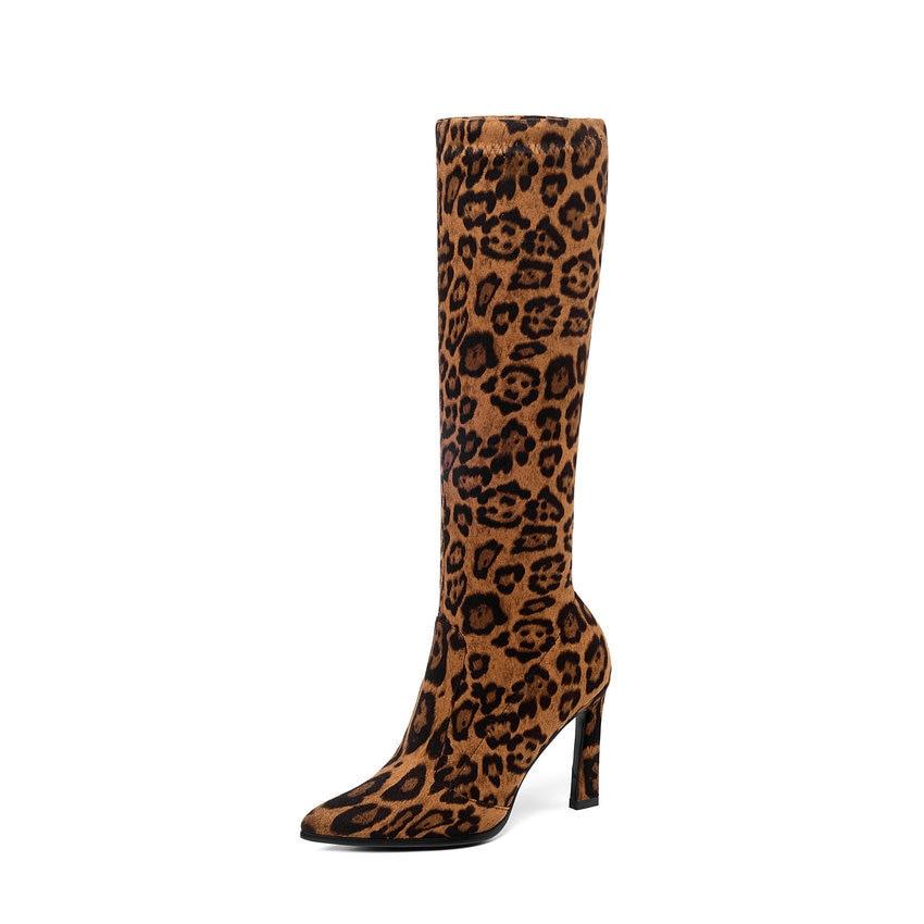 Hoof Heel Over The Knee Boots - Pointed Toe Women Ankle Boots - Leopard Stretch Mid Calf Boots (BB3)(BB1)(BB2)(CD)(WO4)