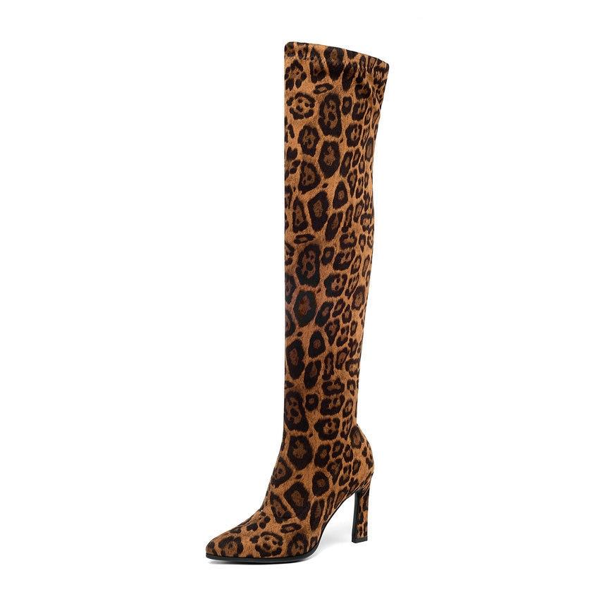 Hoof Heel Over The Knee Boots - Pointed Toe Women Ankle Boots - Leopard Stretch Mid Calf Boots (BB3)(BB1)(BB2)(CD)(WO4)