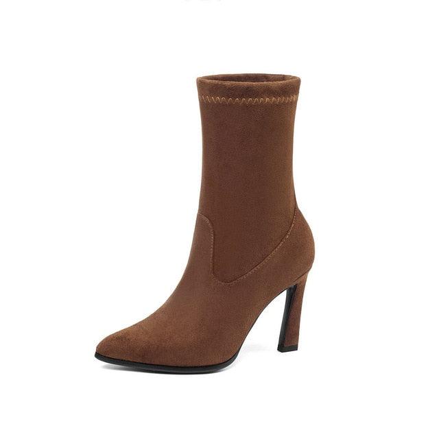Trending Suede Pointed Toe Women Ankle Boots - Leopard Fashion High Heel Shoes (BB1)(BB2)(BB3)(WO4)(CD)