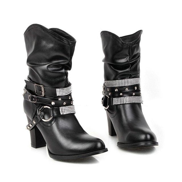 Women Mid Calf Boots - Square Heel Autumn Winter Women Shoes - PU Leather Fashion (D38)(BB1)(BB2)(BB3)(CD)(WO4)