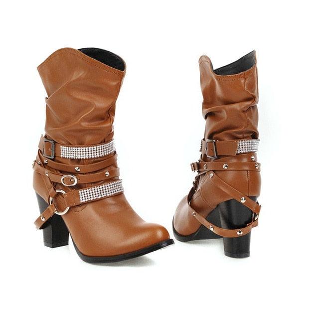 Women Mid Calf Boots - Square Heel Autumn Winter Women Shoes - PU Leather Fashion (D38)(BB1)(BB2)(BB3)(CD)(WO4)