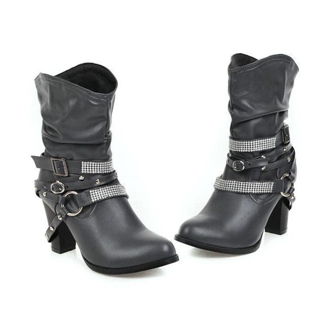 Women Mid Calf Boots - Square Heel Autumn Winter Women Shoes - PU Leather Fashion (D38)(BB1)(BB2)(BB3)(CD)(WO4)