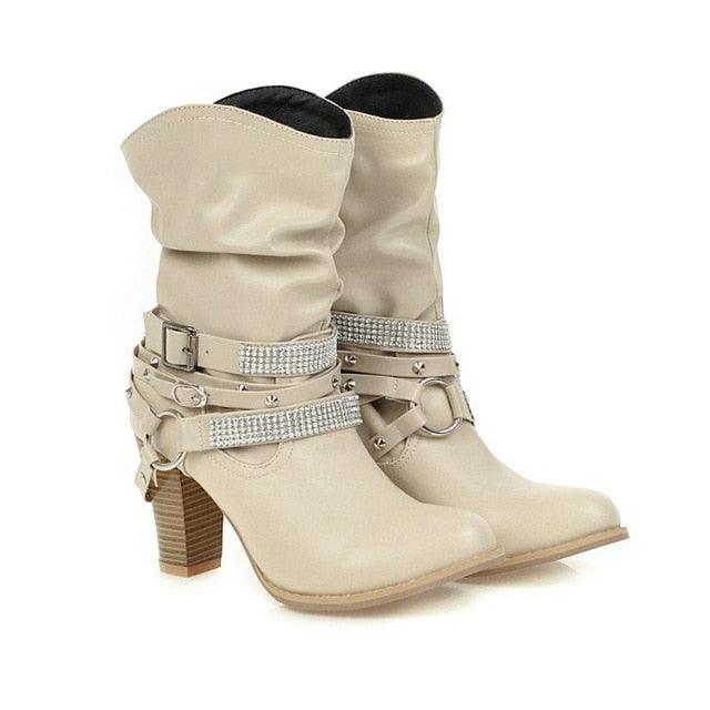 Women Mid Calf Boots - Square Heel Autumn Winter Women Shoes - PU Leather Fashion (D38)(BB1)(BB2)(BB3)(CD)(WO4)
