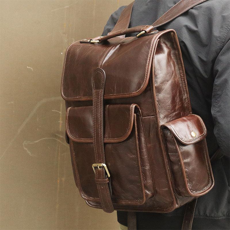 Genuine Leather Backpack - Men's Waterproof Travel School Bags (3MA1)(F78)