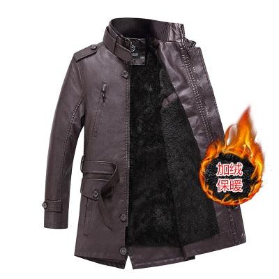 Quality Leather Men's Winter Jackets - Plus Velvet Thick Mid Length Fur Collar Leather Jacket (TM3)(F100)