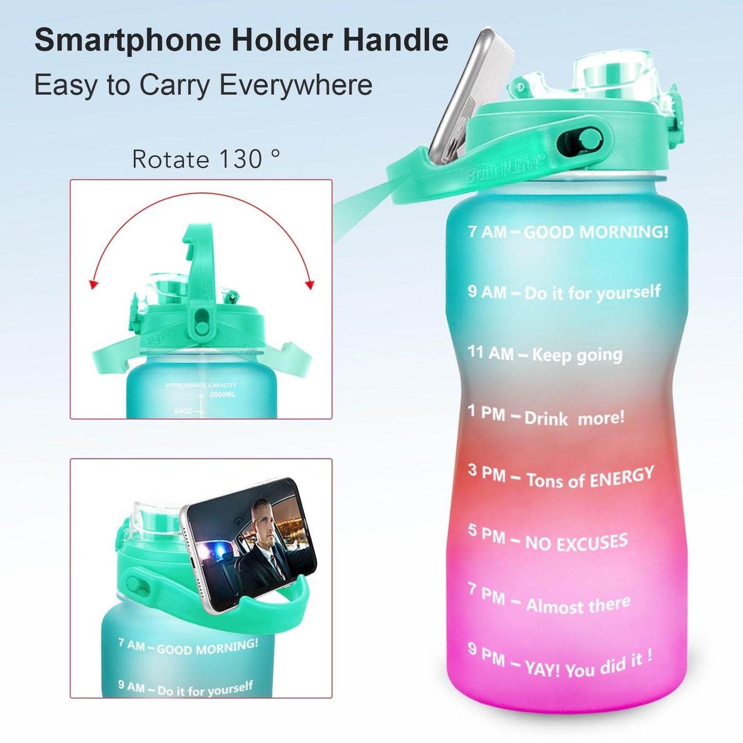 2L 64OZ 3.8L 128OZ Motivational Water Bottle With Time Marker Flip-Flop BPA Free Portable Sports Phone Stand GYM Jug (FHB)(1AK1)(1U24)(F24)(1U101)(1U9)(F101)