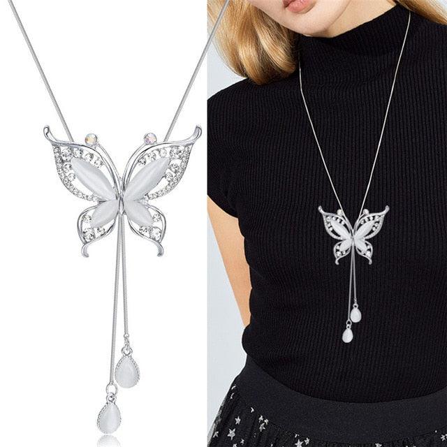 Fashion Long Chain Sweater Necklaces & Pendants - Blue Opal Rhinestone Flower Pendant Necklace (5JW)1