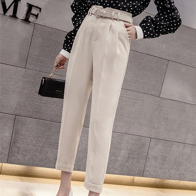 New Spring Women Pants With Belt - High Waist Formal Elegant Office Lady Ankle Length Pants (D25)(BP)
