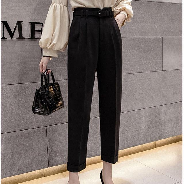 New Spring Women Pants With Belt - High Waist Formal Elegant Office Lady Ankle Length Pants (D25)(BP)
