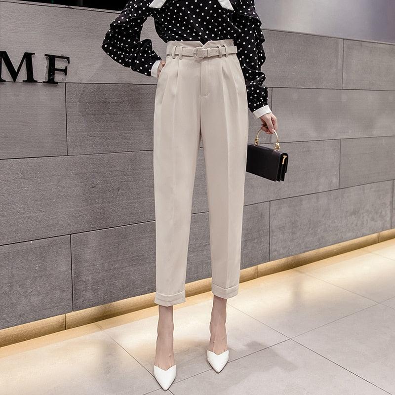New Spring Women Pants With Belt - High Waist Formal Elegant Office Lady Ankle Length Pants (D25)(BP)