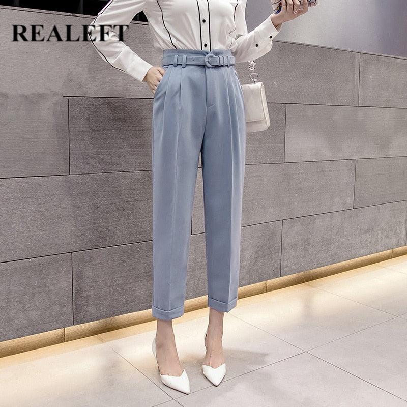 New Spring Women Pants With Belt - High Waist Formal Elegant Office Lady Ankle Length Pants (D25)(BP)