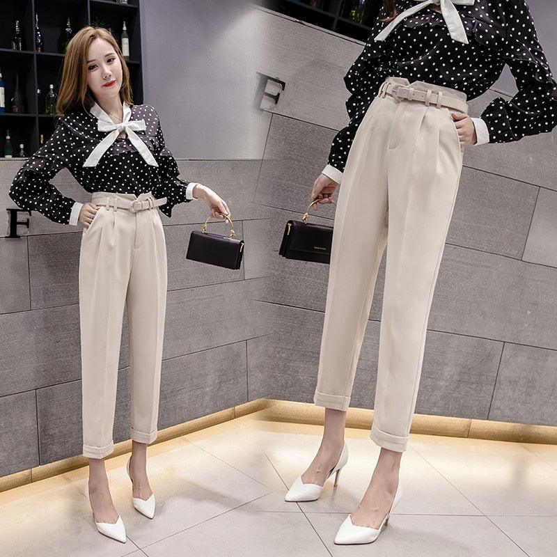 New Spring Women Pants With Belt - High Waist Formal Elegant Office Lady Ankle Length Pants (D25)(BP)