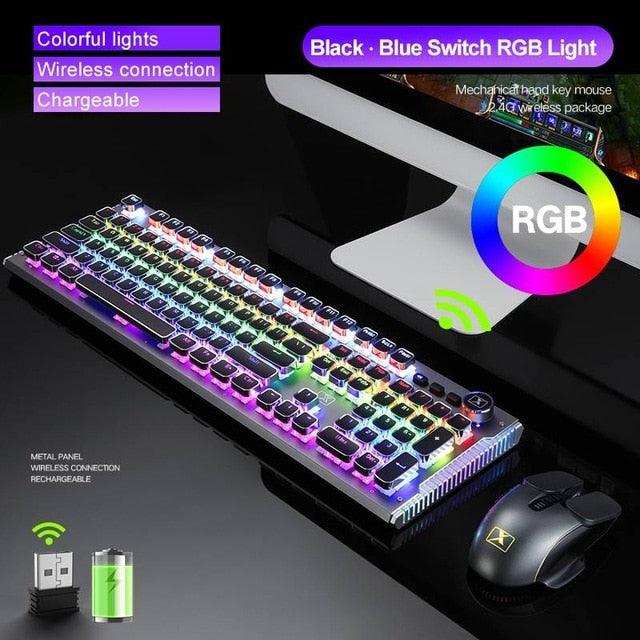 Rechargeable Wireless Gaming Mechanical Keyboard Mouse Set - RGB Backlit 2400DPI 2.4G USB Wireless Mouse Keyboards For PC (D52)(CA1)