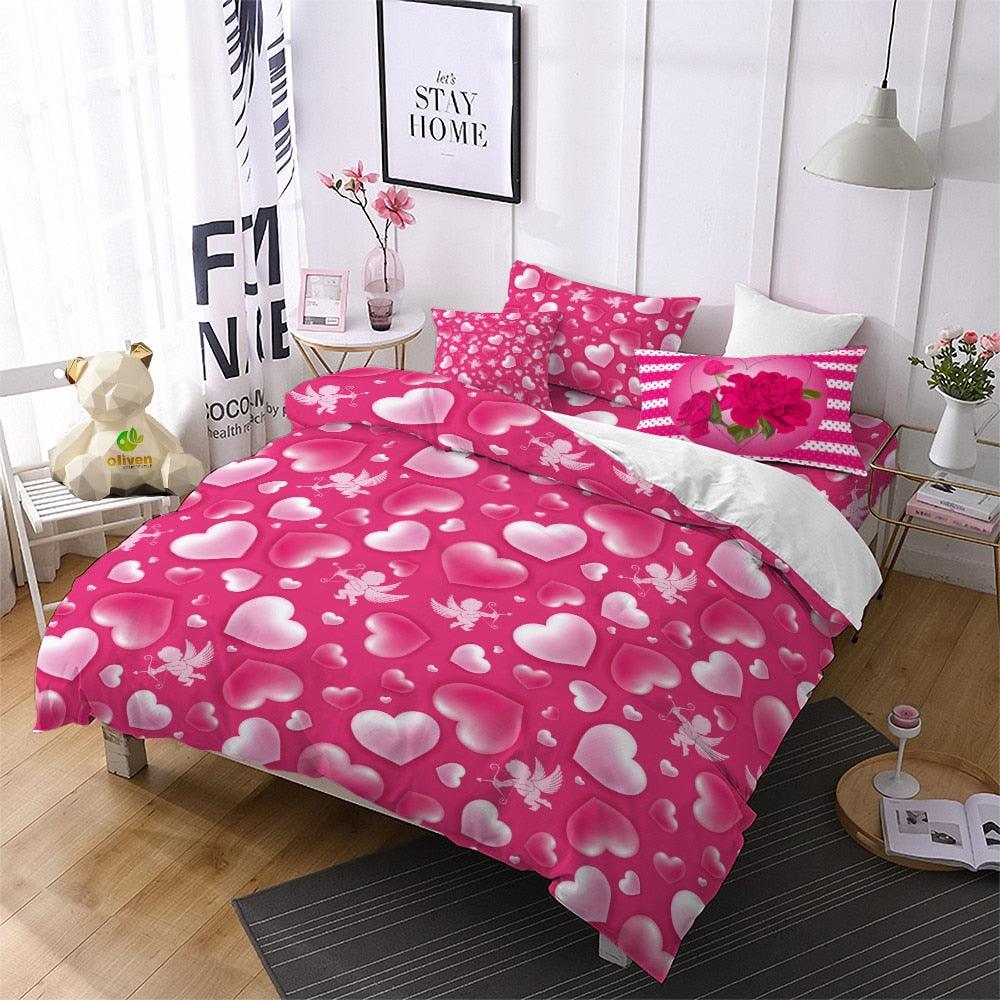 Red Pink Heart Bedding Set Rose Cupid Print Duvet Cover Set Girls Romantic Bedding Cover (8BM)(F63)