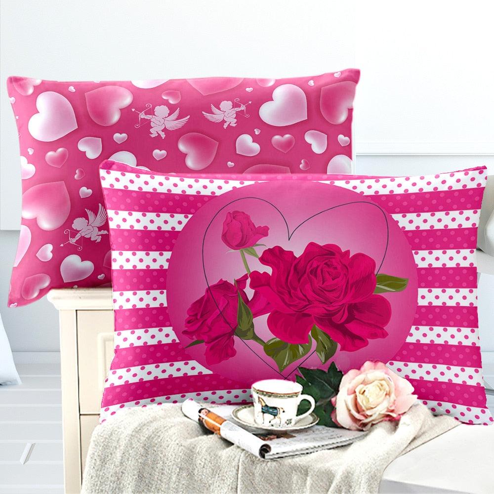 Red Pink Heart Bedding Set Rose Cupid Print Duvet Cover Set Girls Romantic Bedding Cover (8BM)(F63)