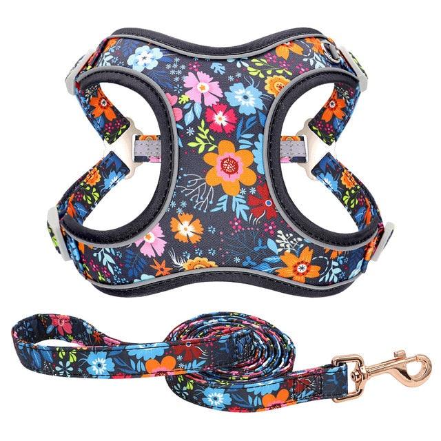 Reflective Nylon Dog Harness And Leash Set - Breathable Mesh No Pull Dog Vest Leash Fashion Printed French Bulldog Harness (3W1)(2W1)