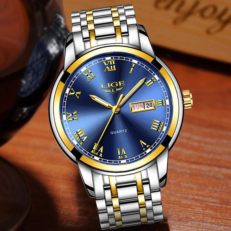 Men Fashion Sport Quartz Watch - Full Steel Gold Business Clock (2MA1)(F84)