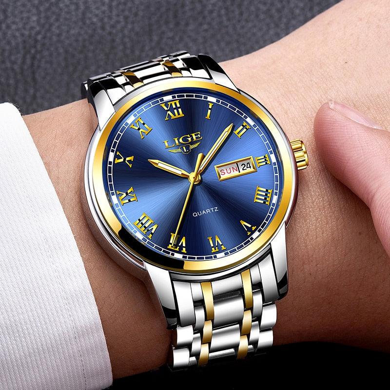 Men Fashion Sport Quartz Watch - Full Steel Gold Business Clock (2MA1)(F84)
