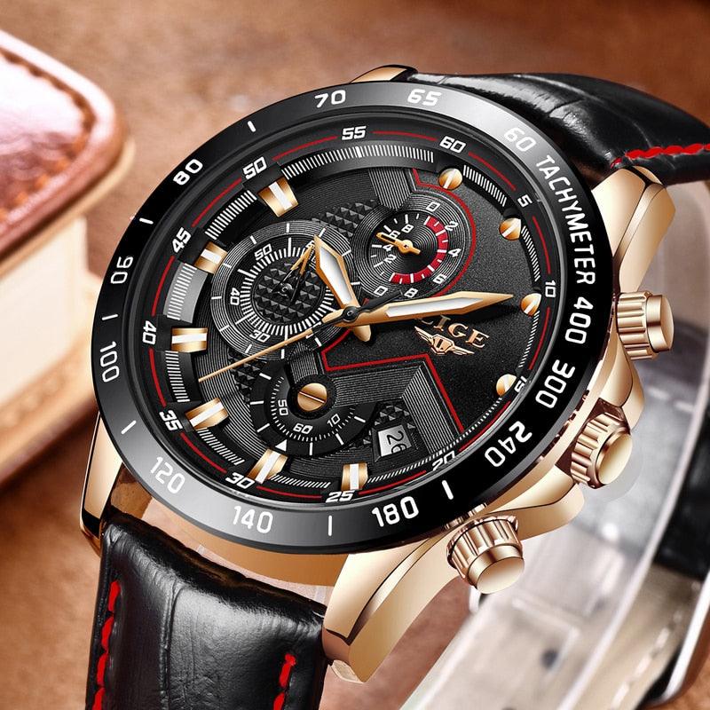 Men's Watches - Luxury Brand Quartz Gold Watch - Fashion Leather Military Waterproof Sport Wrist Watch (D84)(MA9)
