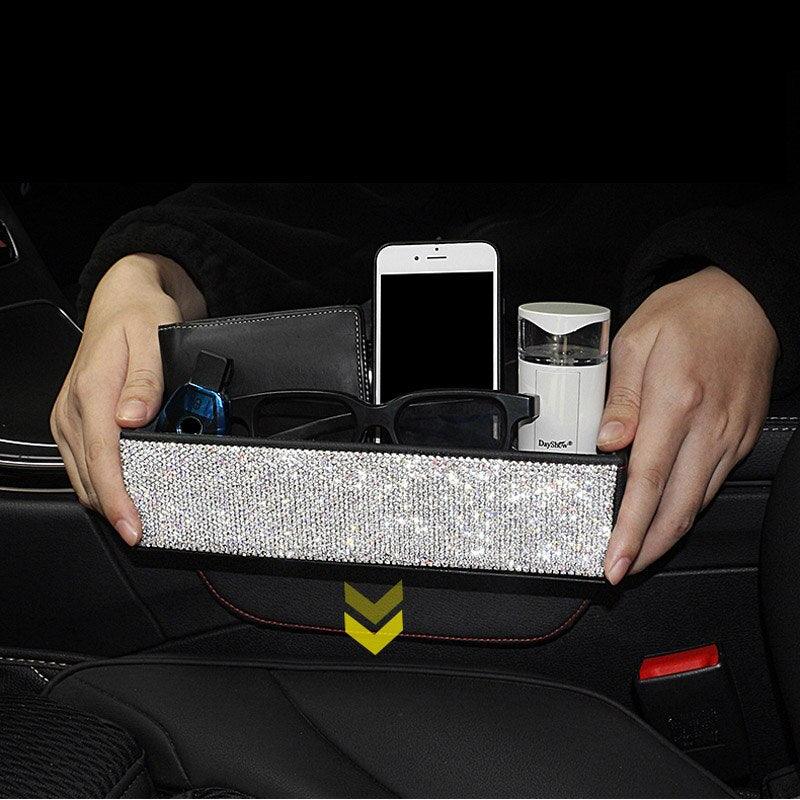 Rhinestone Crystal Leather Car Seat Crevice Storage Box - Multi-purpose Auto Gap Organizers (3LT1)