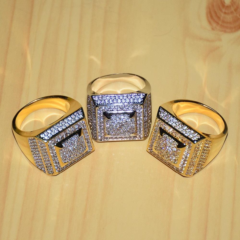 Gold Color Copper Material Iced Full CZ Rings - Fashion Jewelry Size 7-12 (2U83)