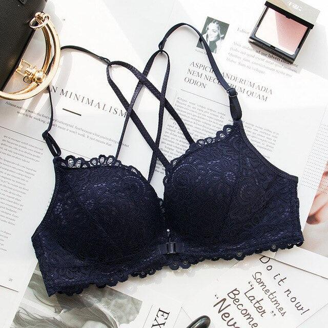 Women's Fashion Wireless Front Closure Bras - Push Up Female Lace Backless Cross Back Bras (TSB3)(TSB2)(F27)