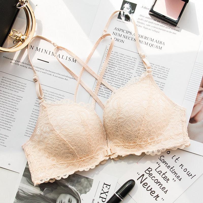 Women's Fashion Wireless Front Closure Bras - Push Up Female Lace Backless Cross Back Bras (TSB3)(TSB2)(F27)