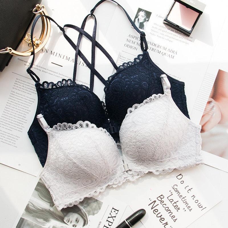 Women's Fashion Wireless Front Closure Bras - Push Up Female Lace Backless Cross Back Bras (TSB3)(TSB2)(F27)