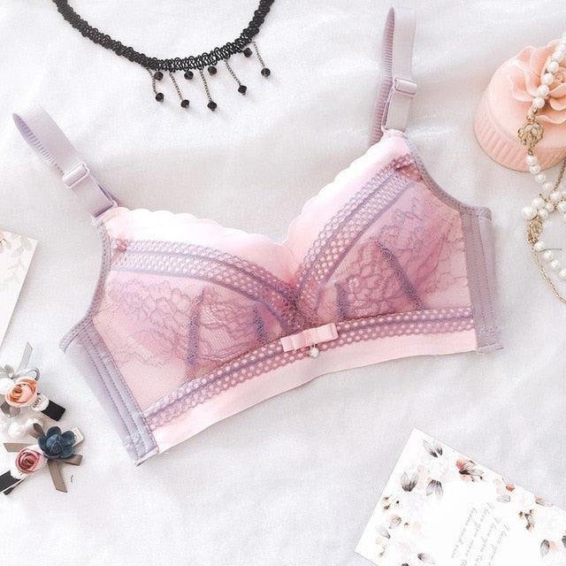 Women Fashion Purple Pink Wireless Sexy Bra - Push Up Female Lace Bow Padded 1Piece Bras (TSB2)(F27)