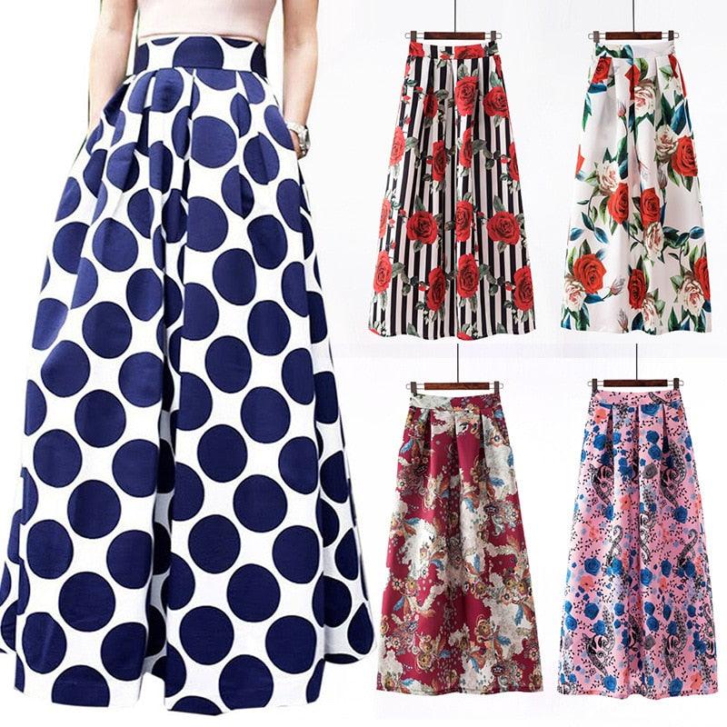Cute Autumn Print Flora Maxi Skirt - Women Spring Long Pleated Skirts - Women Plus Size Fashion High Waist Skirt (TB7)(F22)(F20)