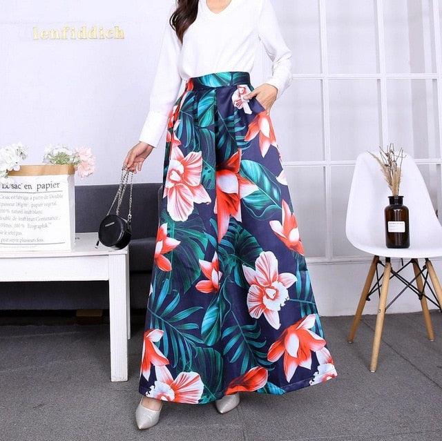 Cute Autumn Print Flora Maxi Skirt - Women Spring Long Pleated Skirts - Women Plus Size Fashion High Waist Skirt (TB7)(F22)(F20)