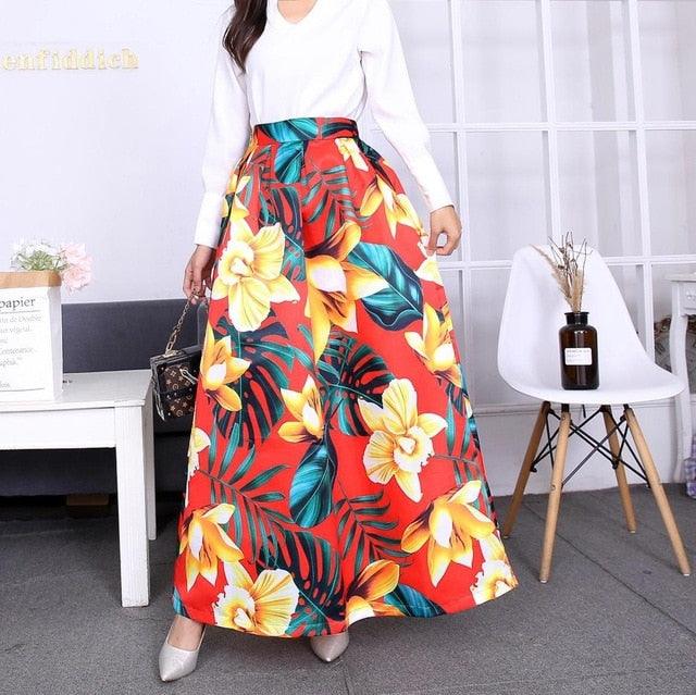 Cute Autumn Print Flora Maxi Skirt - Women Spring Long Pleated Skirts - Women Plus Size Fashion High Waist Skirt (TB7)(F22)(F20)
