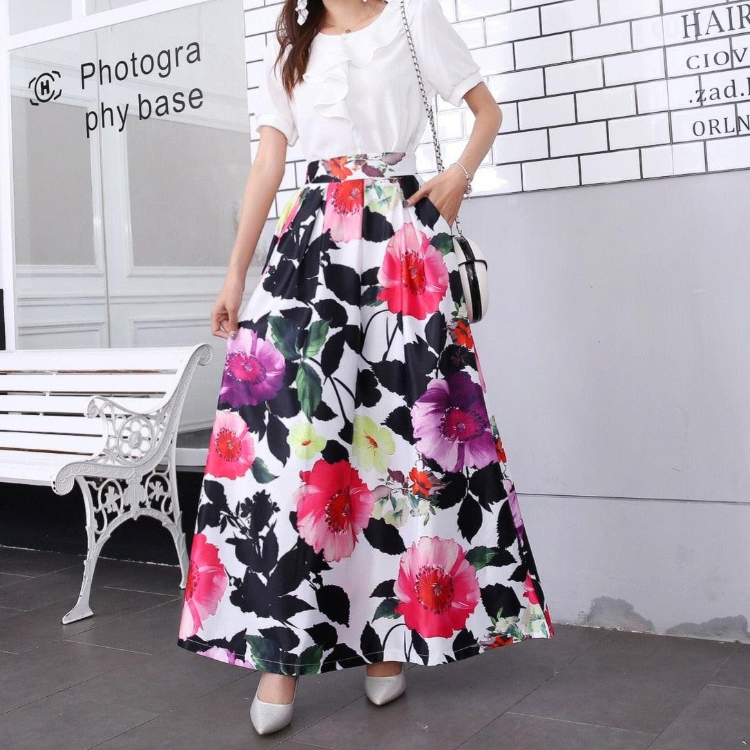 Cute Autumn Print Flora Maxi Skirt - Women Spring Long Pleated Skirts - Women Plus Size Fashion High Waist Skirt (TB7)(F22)(F20)