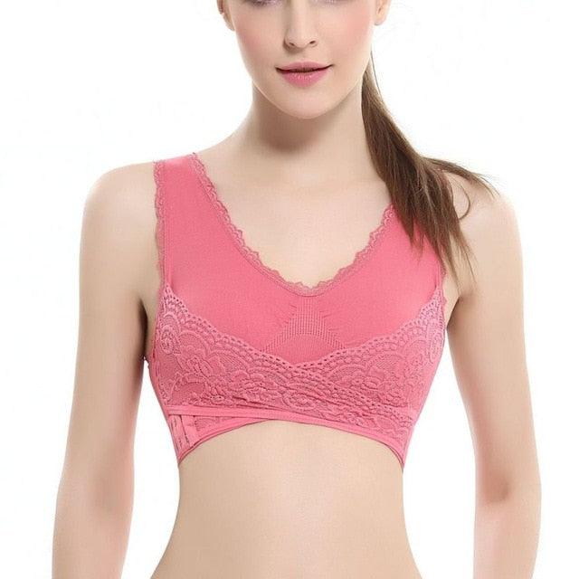 Nice S-4XL Lingerie - Solid Color Front Cross Buckle Lace Bra - No Rims Gathered Sports Underwear - Sleep Gentle Bra (2U27)