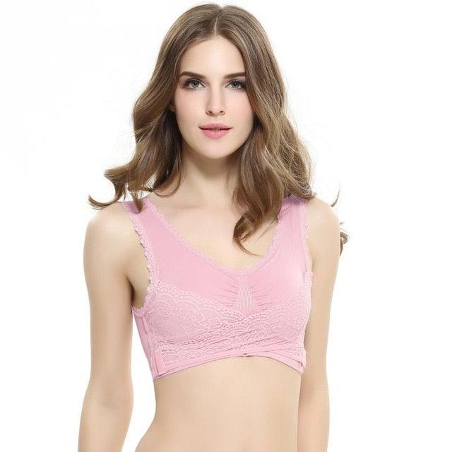 Nice S-4XL Lingerie - Solid Color Front Cross Buckle Lace Bra - No Rims Gathered Sports Underwear - Sleep Gentle Bra (2U27)