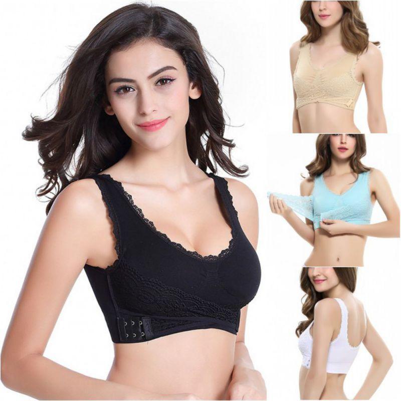 Nice S-4XL Lingerie - Solid Color Front Cross Buckle Lace Bra - No Rims Gathered Sports Underwear - Sleep Gentle Bra (2U27)