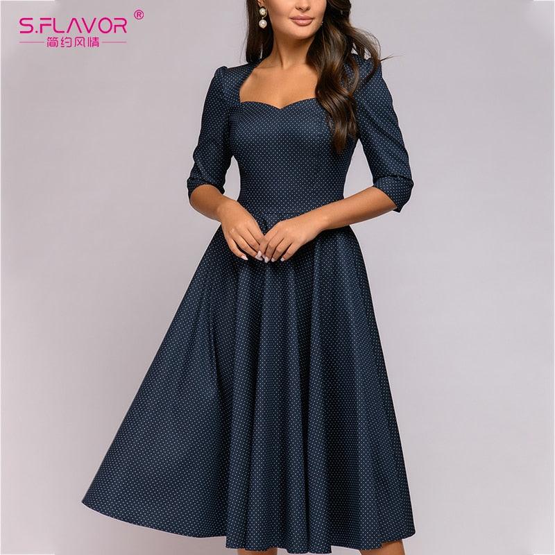 Amazing Dot Print A-Line Midi Dress - Autumn Square Neck Backless - Holiday Beach Casual Dresses - Elegant Party (D18)(D20)(WSO4)(WSO3)(WSO5)(TP5)