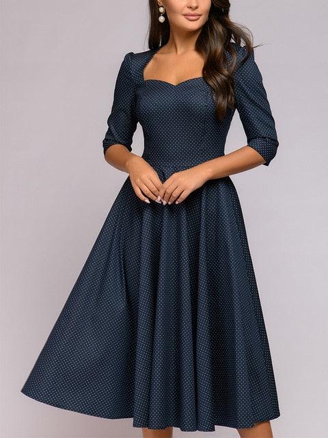 Amazing Dot Print A-Line Midi Dress - Autumn Square Neck Backless - Holiday Beach Casual Dresses - Elegant Party (D18)(D20)(WSO4)(WSO3)(WSO5)(TP5)