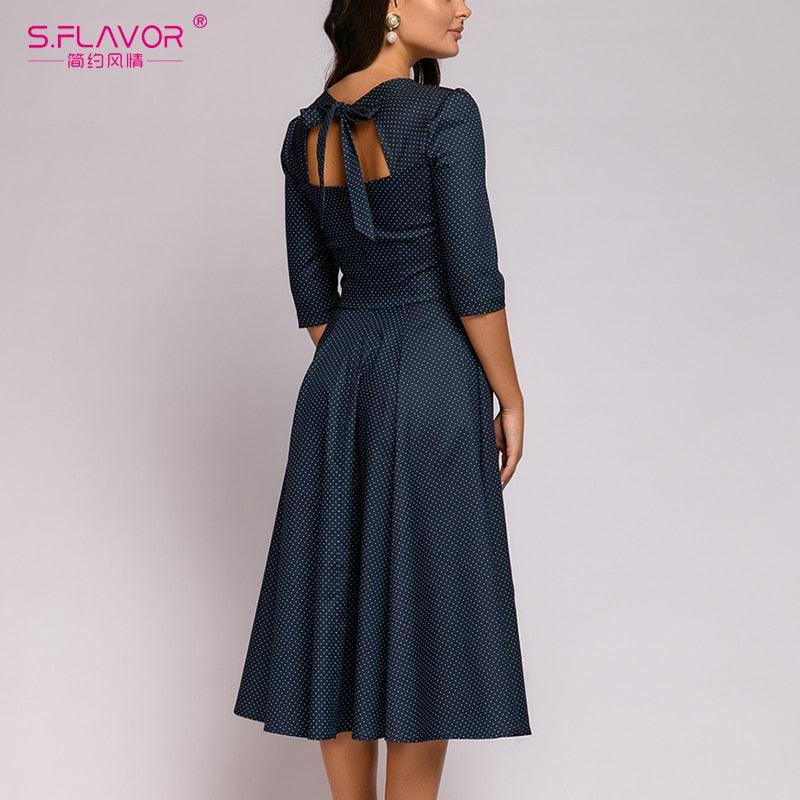 Amazing Dot Print A-Line Midi Dress - Autumn Square Neck Backless - Holiday Beach Casual Dresses - Elegant Party (D18)(D20)(WSO4)(WSO3)(WSO5)(TP5)