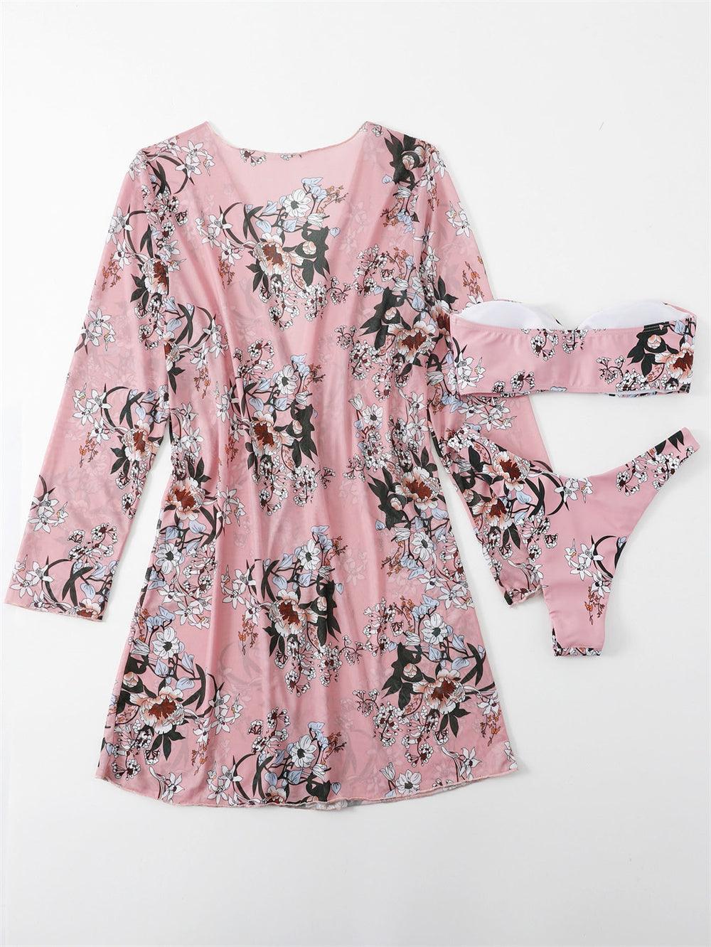 Trending New Three Pieces Bikinis Set - Cover Up Women Floral Print Push Up Swimsuit - Long Sleeve Twist Swimwear Bathing Suit (TB8D)(1U26)(F26) - Deals DejaVu
