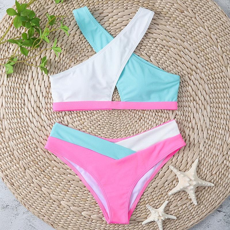Gorgeous Sexy High Waist Cross Color Matching Bikini Swimwear Push Up - Swimsuit Bikinis Set for Women Bathing Suit Female Biquini (TB8D)(1U26)(F26) - Deals DejaVu