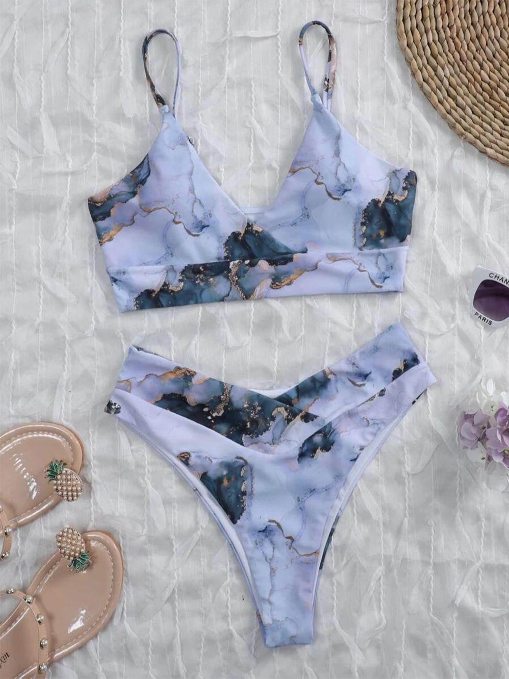 New High Waist Bikini set - Bandeau Swimsuit Sexy Marble Print Bikini Women Swimwear - Two-pieces Bather Bathing Suit (TB8D)(1U26)(F26) - Deals DejaVu