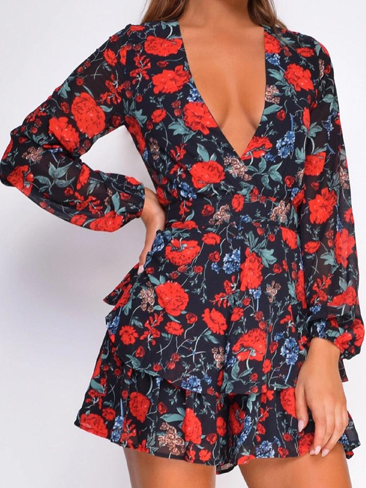 New Chiffon V Neck Women Romper Playsuit Summer Casual Long Sleeve Jumpsuits - 2022 Fashion Print Short Sets Outfit (BWD)(WS06)(F30)(2U30) - Deals DejaVu