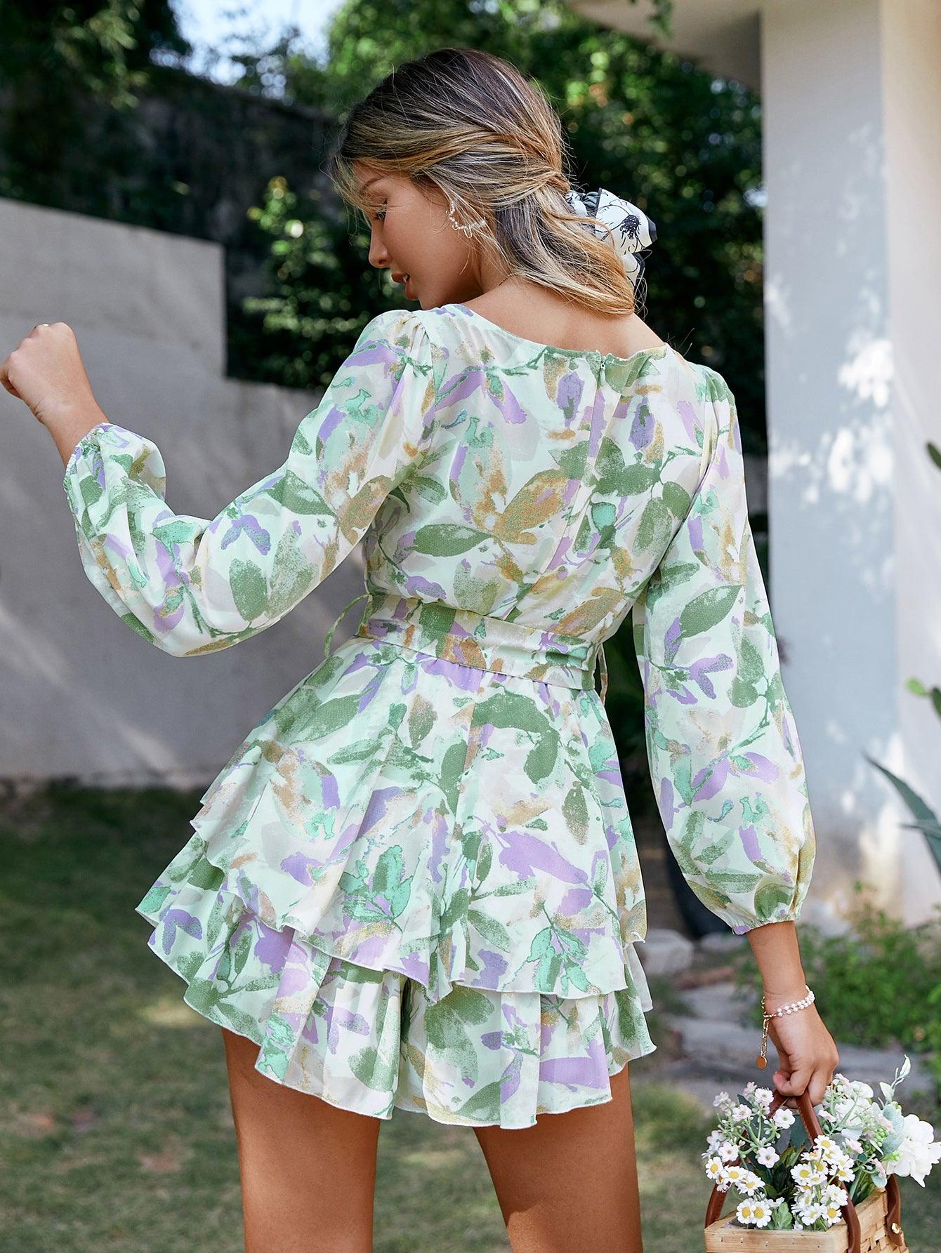 Trending Holiday sash long sleeve ruffle print romper - summer women Lace up floral short overall A-line v-neck beach rompers (BWD)(WS06)(F30)(2U30) - Deals DejaVu