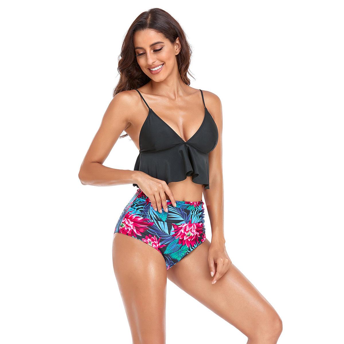 Deep V Neck Ruffles Swimwear Bikinis Sets - Women Swimsuit Two Pieces -High Waist Beach Bathing Suit Floral Beachwear (TB8D)(1U26)(F26) - Deals DejaVu
