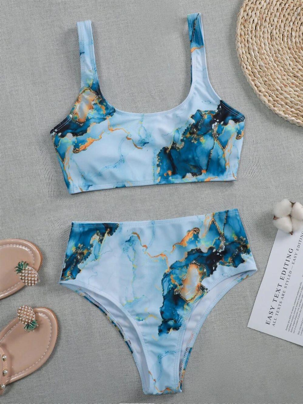 New High Waist Bikini set - Bandeau Swimsuit Sexy Marble Print Bikini Women Swimwear - Two-pieces Bather Bathing Suit (TB8D)(1U26)(F26) - Deals DejaVu