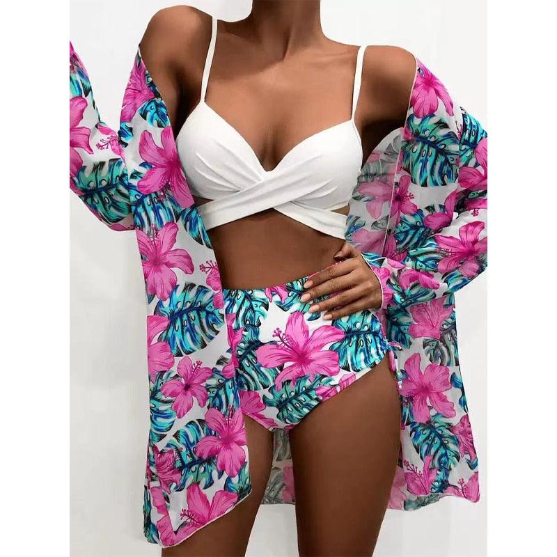 Trending New Three Pieces Bikinis Set - Cover Up Women Floral Print Push Up Swimsuit - Long Sleeve Twist Swimwear Bathing Suit (TB8D)(1U26)(F26) - Deals DejaVu
